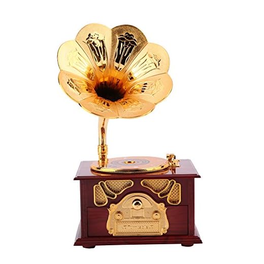 Hilitand Caja de música, Forma de fonógrafo Retro Caja de música Regalo Clásico Trompeta de Oro Cuerno Artes Creativas(Marrón)