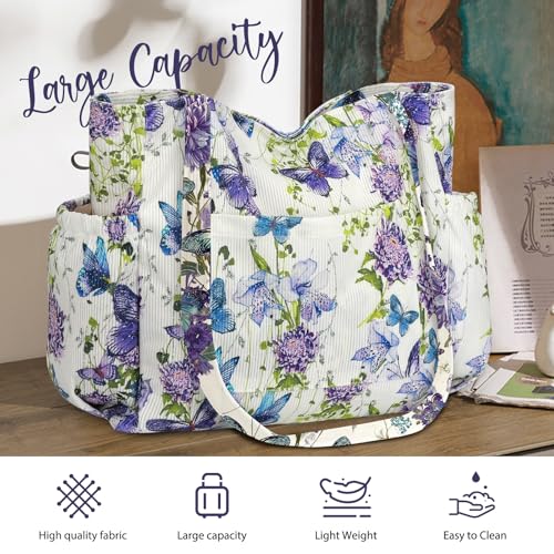 Corduroy Tote Bag for Women, Large Capacity Cute Tote Bags With 6 Pockets, Laptop Tote Bag Crossbody Shoulder Handbag Teacher Nurse Bags for Work Travel Gym(Purple Butterfly) - image 4