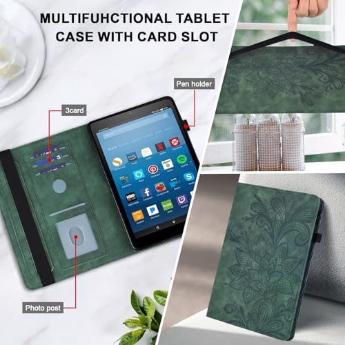 TUOLISG for Kindle Fire HD 8 Tablet Case 8th/7th/6th Generation 8 inch with Card Slots, Flower Pattern Embossed PU Leather Folio Wallet Case for Kindle Fire HD 8 2018/2017/2016, Green by TUOLISG - Image 4