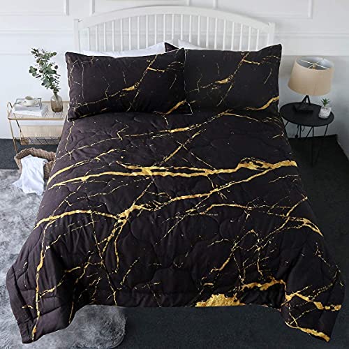 BlessLiving Black Gold Marble Comforter Set Queen 3 Piece Luxury Marble Bedding Sets with Comforter Faux Gold Glitter Black Modern Quilt Sets (Full/Queen)