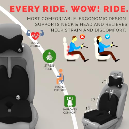 Image of MRRON Memory Foam Posture Corrector Car Seat Cushions Combo | Orthopedic Backrest, Coccyx Cushion & Neckrest | Ergonomic Lumbar Comfort Seat Cushion | Reduces Sciatica, Back Pain. (Black, Backpro)