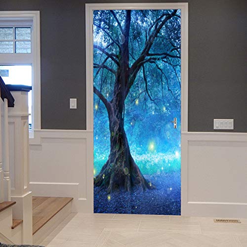 A.Monamour Türtapete Selbstklebend Türfolie Türposter 3D Fantasie Fee Baum Mystiker Verzaubert Blauen Wald Psychedelisch Vinyl Folie Türdeko Tapete Wandbild Türaufkleber Türtattoo 90 x 200 cm