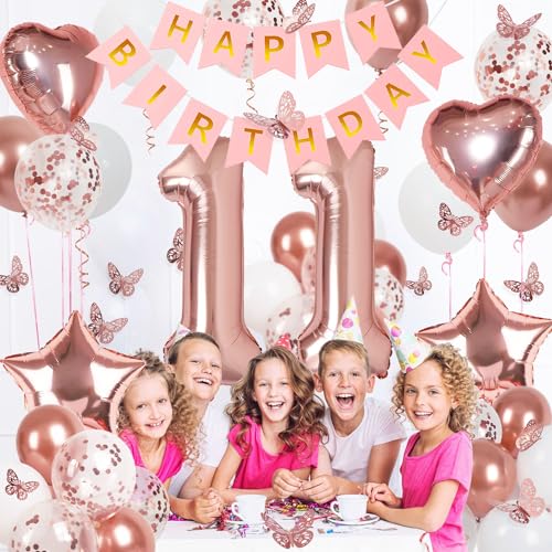 Image of Rose Gold 11th Birthday Decorations for Girl, 11 Year Old Sign with Happy Birthday Banner, 40In Number 11 Foil Birthday Balloons, Butterfly Decorations, Heart and Star Balloons