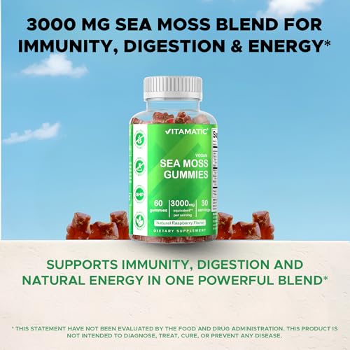vitamatic irish sea moss gummies  3000mg equivalent per serving from extract 1325mg  60 ct made with bladderwrack amp burdock root  seamoss supplement for thyroid energy amp immune support
