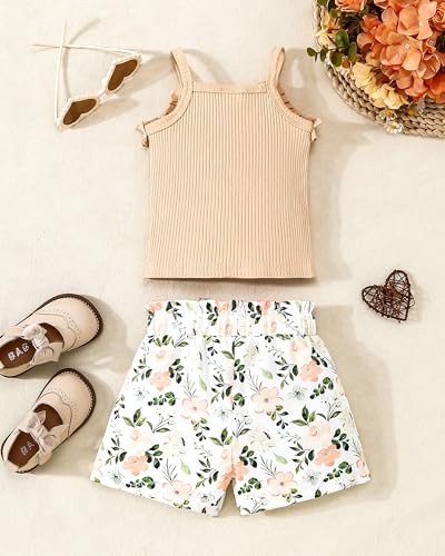 Kucnuzki Toddler Baby Girl Clothes Sleeveless Tank Tops Ruffle Halter Shirts Floral Shorts 2 Piece Set Summer Outfits3