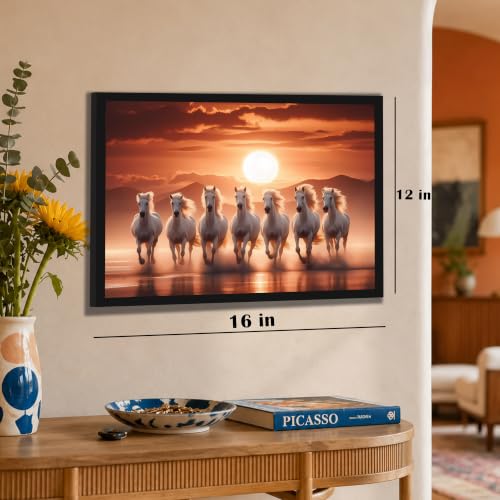 Image of PAINTINGMANTRA 7 White Running Horses Vastu Framed Wall Art Painting for Living Room, Seven Running Horses Poster with frame for Wall, Decoration item for bedroom, 13x17.5 Inch