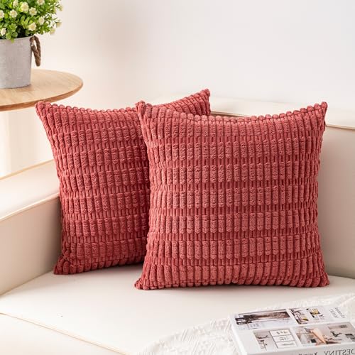 Image of Pack of 2 Corduroy Decorative Throw Pillow Covers 20x20 Inch, Cranberry Red | Fall Soft Striped Pillow Covers Modern Farmhouse Home Decor Christmas Throw Pillow Covers for Sofa Living Room Couch Bed