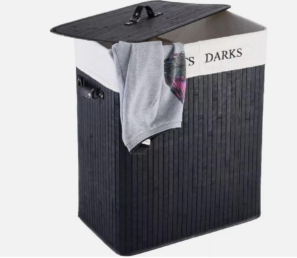 Double Light & Charcoal Bamboo Laundry Basket, Laundry Hamper with Removeable Washable Lining & Lid, Easy Assemble Folding Storage Bin Dirty Clothes Storage Bucket Cover Household Container Organiser โ image 1