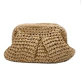 Kseymeir Straw Clutch Purse for Women, Summer Shoulder Crossbody Bag Cloud Pouch Beach Tote Handbag for Holiday, Travel, Parties, Khaki