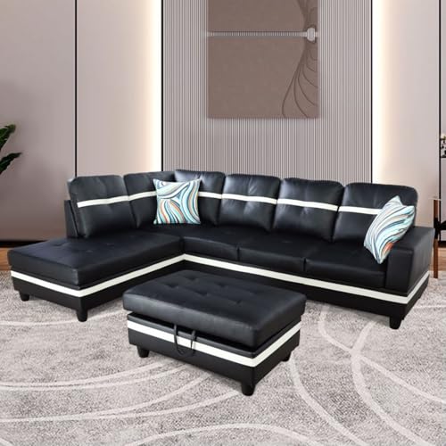 Image of L-Shaped 3-Piece Semi PU Synthetic Leather Sofa with Storage Ottoman Set, Sectional Couch Sofa Set for Living Room, Office, Small Space, Black and White
