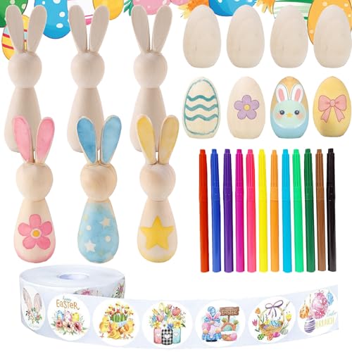 WENAUANG Bricolage Paques Enfant, Lot de 12 œufs de Pâques en bois + 6 lapins de Pâques en bois + 500 autocollants lapin de Pâques + 12 crayons aquarelle...