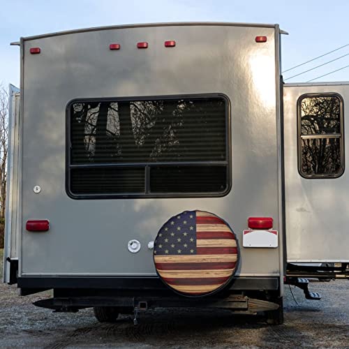 Image of American Flag Reclaimed Wood Spare Tire Cover Dust-Proof Wheel Tire Cover Fit Trailer, RV, SUV and Many Vehicle 15 Inch
