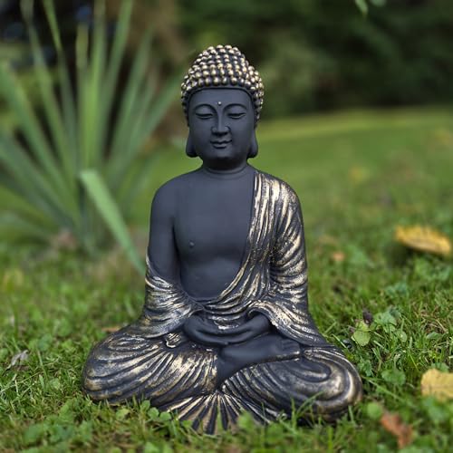 FABRIQ Statuette de Bouddha en pierre doré/noir - Feng Shui - Décoration jardin zen extérieur - 30 cm - Résistant intempéries
