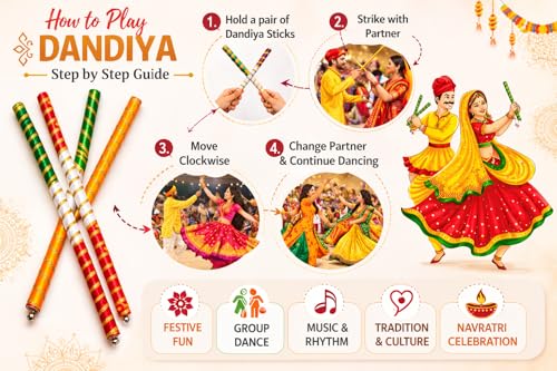 Bâtons de danse indienne Dandiya 39 cm antidérapants pour spectacles - 7