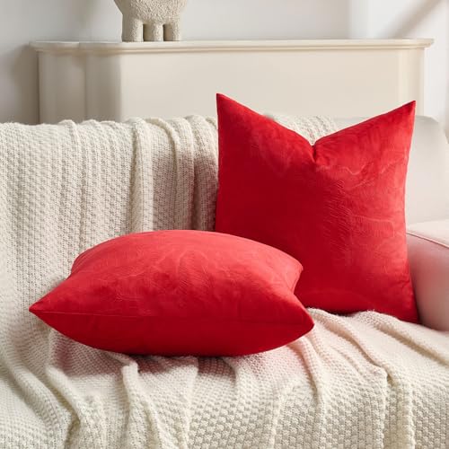 Image of FUTEI Pack of 2 Velvet Throw Pillow Covers 18x18 Inch Soft Embossed Leaf-Relief Textured Decorative Cushion Cases Modern Natural Farmhouse Accent for Couch Bed Living Room, Red