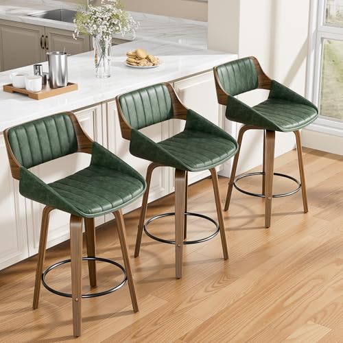 Image of YaFiti Bar Stools Set of 8, 26 inch Swivel Counter Height Barstools with Bentwood Back and Legs, Mid Century Modern Upholstered Faux Leather Counter Stools for Kitchen Island, Dining Room, Green