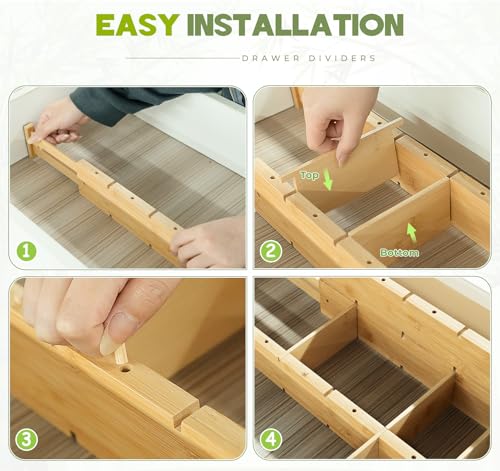 Bamboo Drawer Dividers 4PCS with Inserts, Expandable Kitchen Utensil Drawer Organizers,Adjustable drawer organizer for deep drawers Dresser Closet Underwear Storage Bedroom Bathroom Drawers(16.6\"-22\") - Thumbnail 7