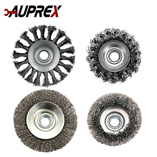 Image of AUPREX 4 Pack Wire Wheel & Cup Brush Set for 4 1 /2 Angle Grinder, 5 /8 inch-11 Threaded Arbor, Heavy Duty Carbon Steel Wire Brush for Rust Removal, Paint Stripping & Polishing, Fits Most Grinders