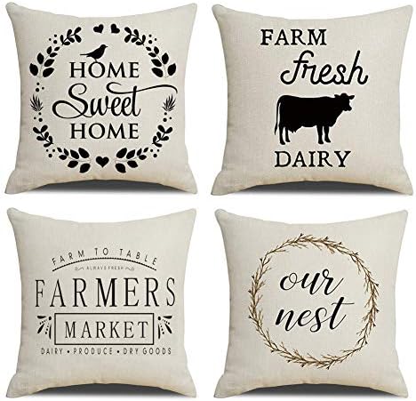 NYDECOR Farmhouse Throw Pillow Covers Quote Pillow Case Cotton Linen Rustic Cushion Cover for Sofa Couch 18x18 Set of 4 Housewarming Gifts