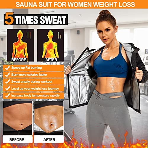 Agilong Sauna Suit For Women Weight Loss Slimming Body Shaper Workout Sweat Jacket Tops With Hoodie (Grey, Large) #TOP1