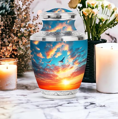 Image of Sunset Sky Cremation Urns For Adult Ashes Women - Large Decorative Urn - Personalized Urn For Ashes Adult Male - Burial Urn For Ashes For Men - Customized Urn - 10 Inch Large With Velvet Bag