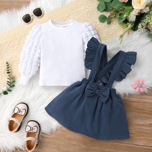 Baby Girl Toddler Corduroy Dress Outfit Sets Bubble Long Sleeve Ribbed Top and Jumper Skirt Fall Clothes 12M-5Y3