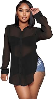 Blouses & Tunics for Women T Shirt Women's Top Casual Blouses for Women Long Sleeve Shirts Sexy Sheer Open Chiffon Beach Cover Women's Sweatshirt Long Sleeve, black, S