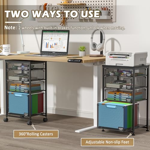 Rolling File Cart, Filing Cabinet with 4 Storage Drawers, Hanging File Folder Organizer Holder Under Desk for Home Office Classroom Organization, Utility Craft Cart with Wheels, Black(Patent Pending)