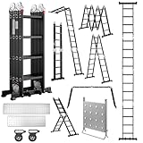 TEENO Escalera Multifunción 7 en 1, 4.7 M, 4 x 4 Escalones, Escalera Plegable de Aluminio con 2 Plataformas, Soporte de Trabajo para Escalera, Patas de Goma, 2 Ruedas Extraíbles, Carga 150 kg, Negro