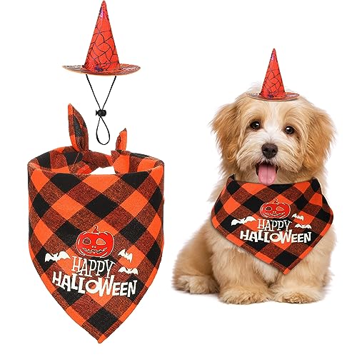 Aoriher Bufanda de Perro de Halloween de Disfraz Sombrero de Bruja de Perros Ajustable Pañuelo de Mascota de Halloween de Calabaza Murciélago para Perros y Gatos Pequeños y Medianos Vacaciones