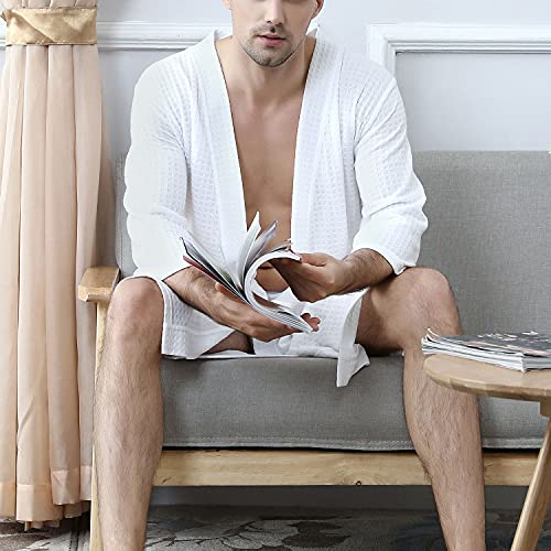 Lu's Chic Men's Waffle Kimono Robe Lightweight Spa Bathrobe Pockets Turkish Hotel Nightgown Hot Tub Quarter Sleeve Bathrobes Short Robes White Us Xs/S (Tagxl) #TOP2