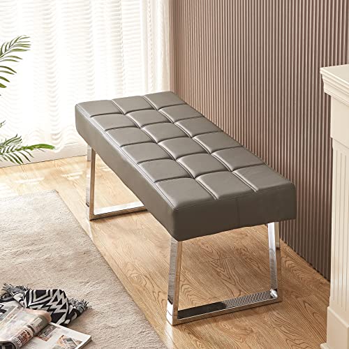 Dvasovio 48.4" Long Pu Leather Bench, Modern Upholstered Dining Room Bench With Silver Stainless Steel Legs, Bedroom Bench (Grey) #TOP2