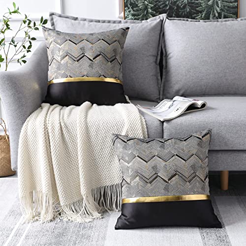 Otostar Set Of 2 Throw Pillow Covers For Bed Couch Sofa Car Decor Luxury Modern Minimalist Gold Leather Stitching Wavy Stripes Square Pillowcase Cushion Cover 18X18 Inches, Black #TOP3