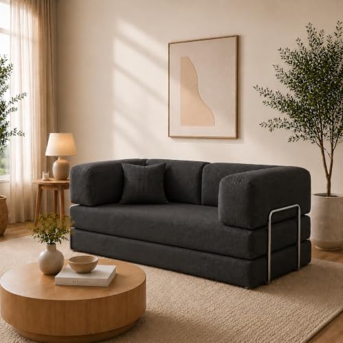 Image of 3 Seater Sofa Cum Bed with Soft Foam & Premium Velvet Fabric | Foldable Convertible Sofa Bed | Sturdy Metal Frame | Comfortable Cushions | Pre-Assembled | Black