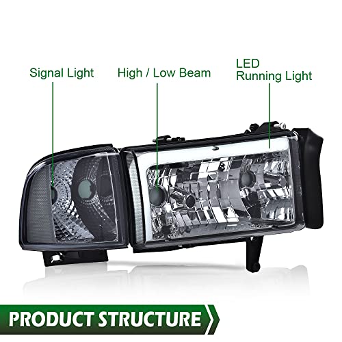 Image of GRAND ORANGE Led Drl Headlights Assembly, Compatible with Dodge Ram 1500 2500 3500 1994 1995 1996 1997 1998 1999 2000 2001 2002 Black Housing Clear Corner(Smoky lens Chrome Housing Clear Reflector)
