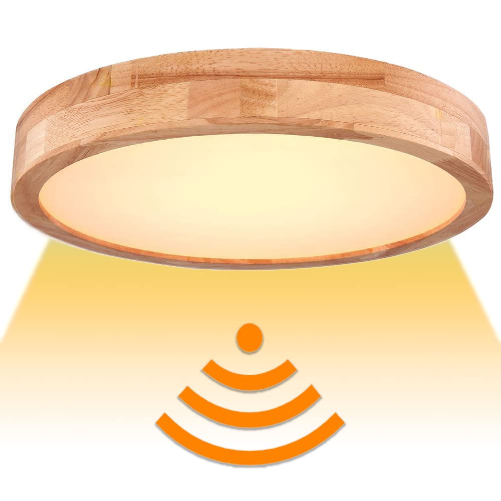 KZT Wood LED Ceiling Light Motion Sensor 20W Panel Ceiling Lamp Round Wooden Ceiling Lights with Radar Sensor for Indoor Stairway Hallway Laundry Basement Warehouse 30CM (Warm White - 3000K)