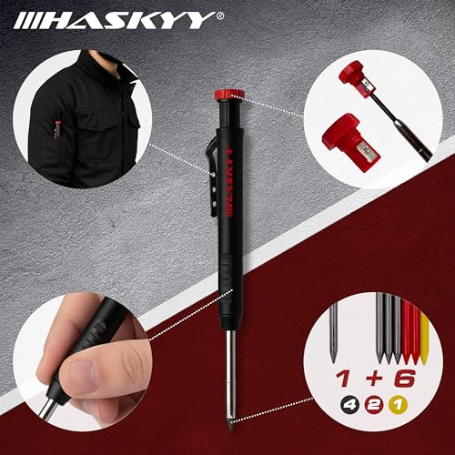 Miniatura 2 de Haskyy Marcador De Profundidad Set Con Minas Y Sacapuntas Lápiz De Carpintero Para Madera, Metal, Piedra, Azulejos Y Plástico Portaminas Para Profesionales, Obra Y Agujeros Profundos