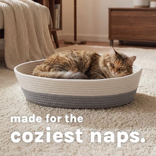 Kitty City Woven Cat Bed with Removable Washable Cushion, Cozy Braided Rope Indoor Cat Bed with Natural Catnip, Warm Round Cat Bed for Small to Medium Cats, 14” x 19" - White/Grey - Image 5