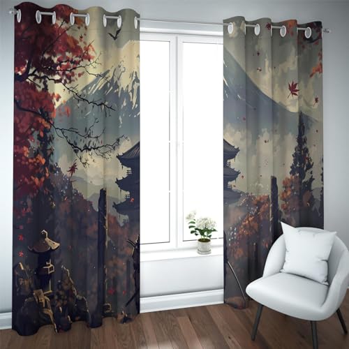 CHERHERART Cortinas Opacas del Paisaje del Monte Fuji Cortinas de Paisaje japonés Que ahorran energía para el Dormitorio de la Granja y la Sala de Estar Juego de 2 Paneles 2xB168xH300