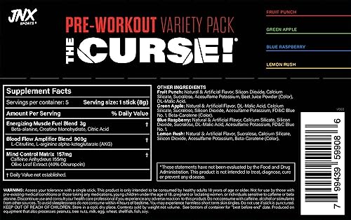 Image of JNX Sports The Curse! Sample Variety Pack Pre Workout Powder with Creatine - Extreme Energy Preworkout for Men & Women - 5x8 g Sample - L Citrulline, Beta Alanine & Caffeine for Pump, Strength & Focus