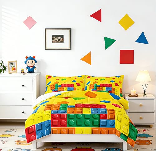 Feelyou Building Block Print Comforter Set Full Size Kids Brick Styles Comforter for Boys Teens Colorful Bedding Set Breathable Gaming Yellow Duvet Set Room Decor Quilt Set