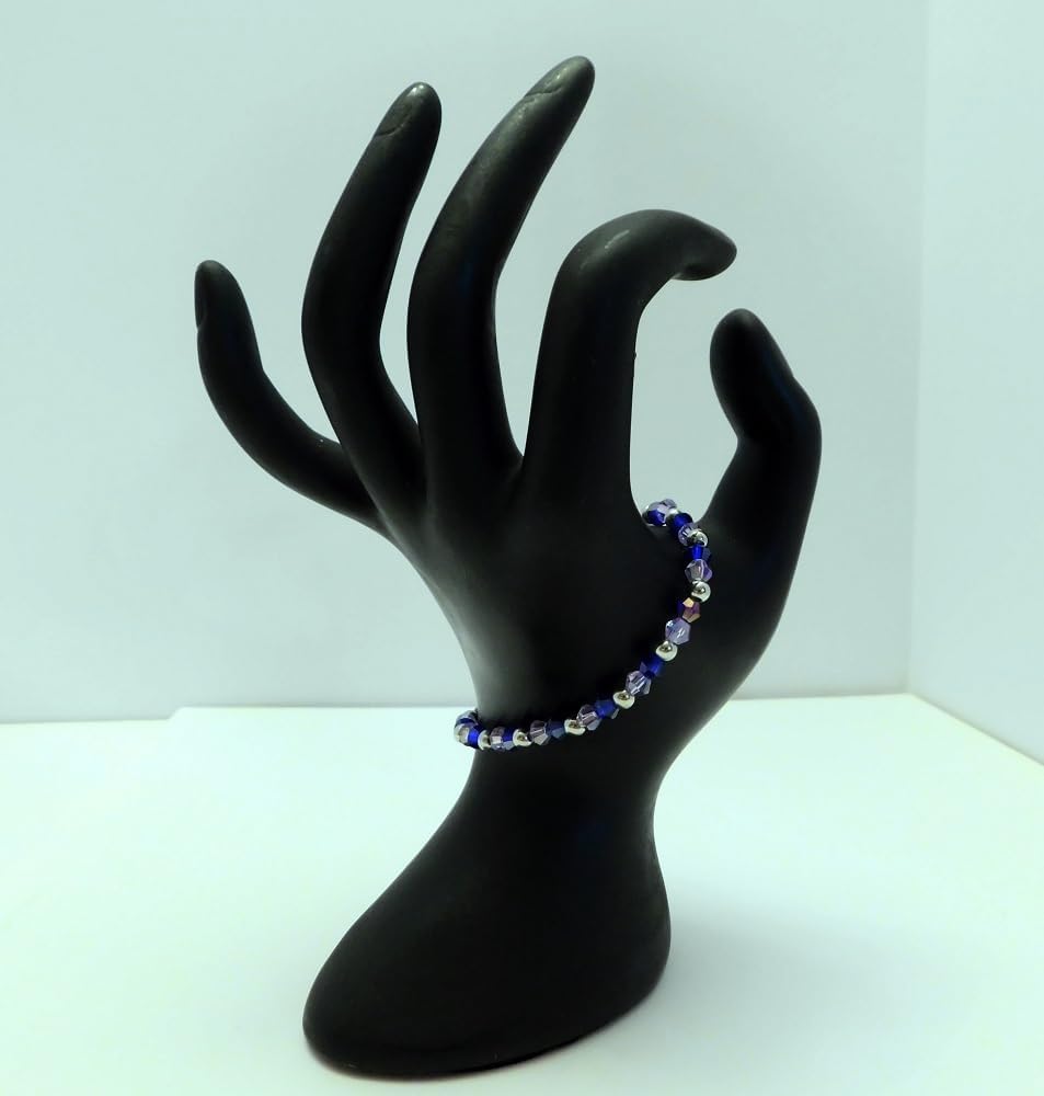 Handcrafted Crystal Beaded Stretch Bracelet, Blue and Purple Glass Beads with Silver Metal Beads, Fashion Jewelry, Holiday Accessories, Bohemian, Minimalist, Gift For Her, Unisex - Image 3