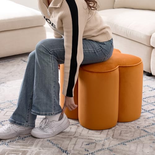 Image of Zesthouse Flower Pouf Ottoman Foot Rest, Velvet Fabric Poofy Ottoman Stool | Large Ottoman Footstool for Couch, Modern Living Room Stool Seat, Cute Square Vanity Stool for Bedroom Orange Dorm Foot Stool