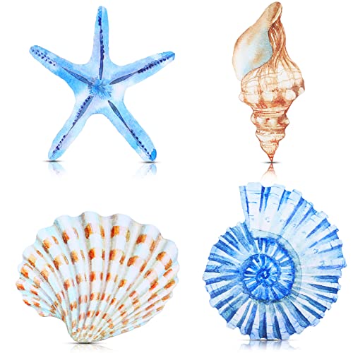 Yookeer 4 Pcs Beach Wall Decor, Wooden Seashell Starfish Wall Decoration, Ocean Coastal Nautical Decorative Art, Rustic Seaside Theme Art for Bathroom Living Room Bedroom Summer Home Decor Gift(Large)