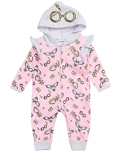 Harry Potter Baby Girls Hooded Bodysuit - Sweatshirt Fleece Zip Up One Piece Baby Clothes (Pink/Grey, 24M)