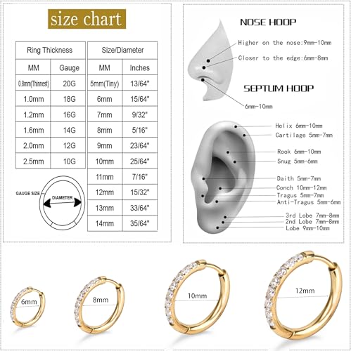 Image of Hypoallergenic Unisex Surgical Steel Small Cubic Zirconia Huggie Hoop Earring, Color Gold - Silver - Rose Gold - Black - Rainbow, Size 6mm- 12mm Safe for Sensitive Ear