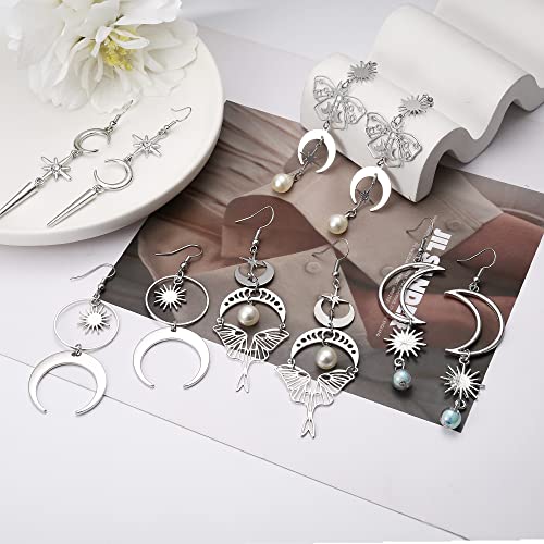 DOLOTTA 9 Pairs Moon Stars Long Dangle Earrings for Women Sun Butterfly CZ Earrings Exaggerated Moon Gold Earrings Long Chain Shining Tassel Boho Vintage Earrings Silver - Thumbnail 6