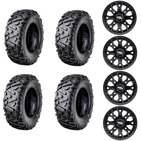 Set of 4 - RockTrix RT104 14in Wheels Rims 14x7, Wanda 30x10-14 Tires 6-Ply Radial, 4x156 4/156, 4+3 Offset, Compatible with Polaris ATV UTV SxS Applications - Matte Black Cover