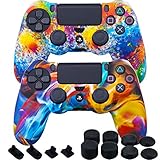 MXRC Silicone Rubber Cover Skin case Anti-Slip Water Transfer Customize Camouflage for PS4/SLIM/PRO Controller x 2(Rainbow Pack) + FPS PRO Extra Height Thumb Grips x 8 + Dustproof Plug x 4