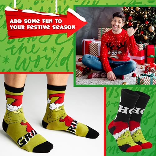 The Grinch Socks for Men Teens, Christmas Holiday Socks Soft Breathable Crew Socks Multipack, Gifts for Him (Multi)3